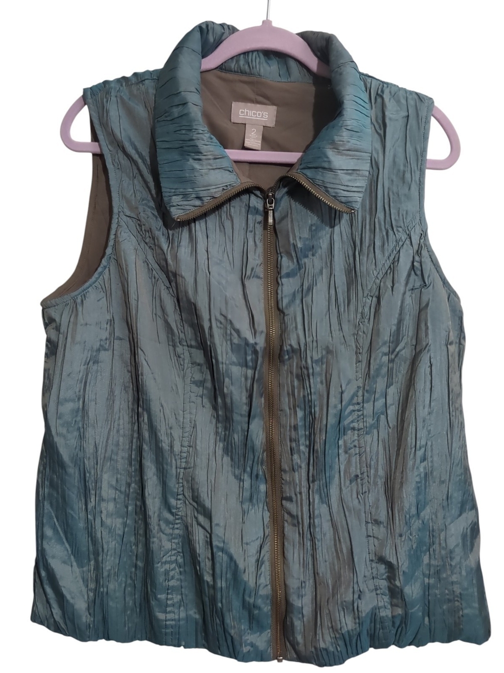 Chico's Teal Crinkle Zip-Front Vest